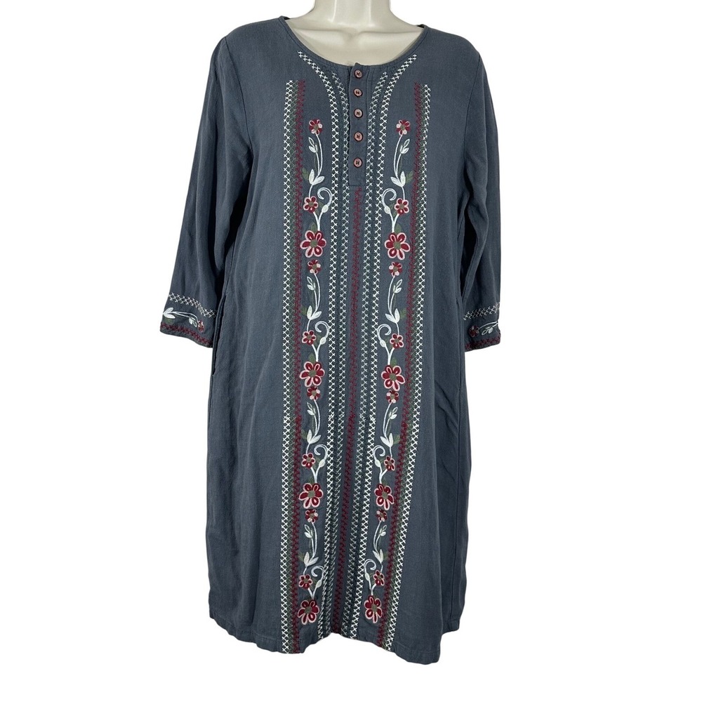 Hidden Alley Gray Linen Cotton Embroidered Floral Henley Shift Dress Pockets L